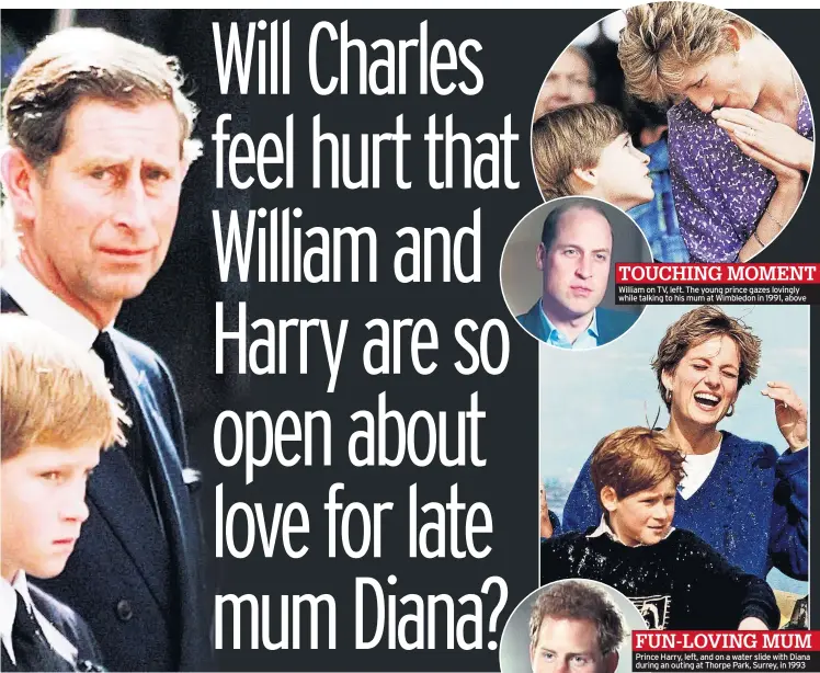  ??  ?? William on TV, left. The young prince gazes lovingly while talking to his mum at Wimbledon in 1991, above FUN-LOVING MUM Prince Harry, left, and on a water slide with Diana during an outing at Thorpe Park, Surrey, in 1993 TOUCHING MOMENT