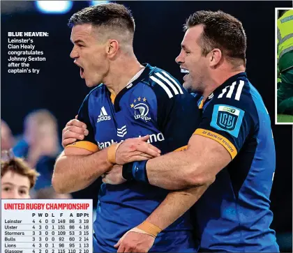  ?? ?? BLUE HEAVEN: Leinster’s
Cian Healy congratula­tes Johnny Sexton after the captain’s try