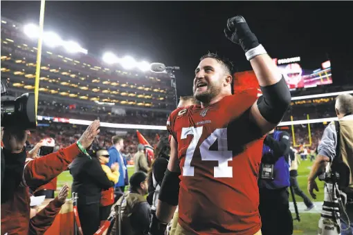  ?? Scott Strazzante / The Chronicle 2019 ?? Tackle Joe Staley, a 49er for 13 seasons, celebrates with fans after the team’s 3431 win over the Los Angeles Rams at Levi’s Stadium on Dec. 21.