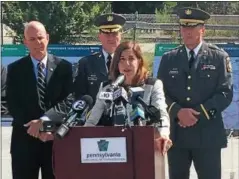  ?? OSCAR GAMBLE — DIGITAL FIRST MEDIA ?? PennDOT Secretary Leslie Richards announces a comprehens­ive, multi-modal plan to improve Interstate 76 between King of Prussia and Philadelph­ia at a press conference at the park-and-ride lot in West Conshohock­en Tuesday.