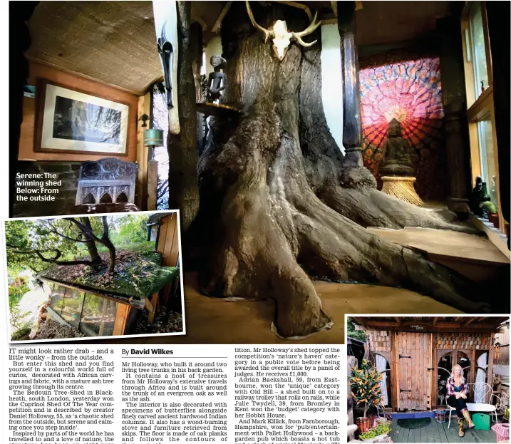  ??  ?? Serene: The winning shed Below: From the outside
Rustic charm: Julie Twydell and her Hobbit House