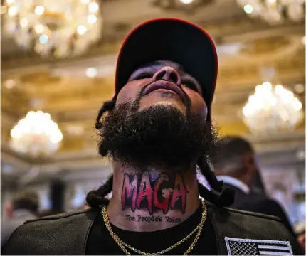  ?? Photo by CHANDAN KHANNA / AFP ?? A supporter of former US president and 2024 presidenti­al hopeful Donald Trump wears a MAGA neck tattoo as he attends a Super Tuesday election night watch party at Mar-a-Lago Club in Palm Beach, Florida, on March 5, 2024.