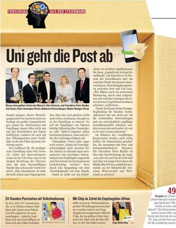  ??  ?? Blasen dem gelben Zettel den Marsch: Otto Petrovic und Vizerektor Peter Riedler (Uni Graz), Peter Umundum (Post), Rektorin Christa Neuper, Walter Hitziger (Post)