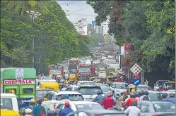  ?? PTI ?? Vehicles stuck in a traffic jam at townhall circle after authoritie­s announced relaxation­s in Covid-19 lockdown in Bengaluru Monday.