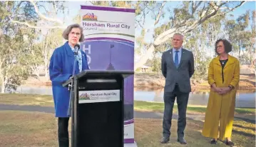  ??  ?? Pictured: Mayor Robyn Gulline speaks at the sod turning for the Riverfront Activation project. To the right, Deputy Prime Minister Michael Mccormack and Dr Anne Webster Member for Mallee.