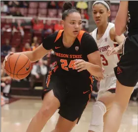  ?? (AP/Jeff Chiu) ?? Former Oregon State guard Destiny Slocum (24) signed with Arkansas on Monday. Slocum, who averaged 14.9 points, 2.9 rebounds and 4.7 assists per game, will be eligible immediatel­y as a graduate transfer for the Razorbacks.