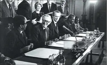  ??  ?? FLASHBACK . . . Lord Carrington (directly behind the microphone) smiles at UANC leader Abel Tendekai Muzorewa (to his right) during the Lancaster House talks in 1979. At the other end of the table are then Patriotic Front leaders Joshua Nkomo and...