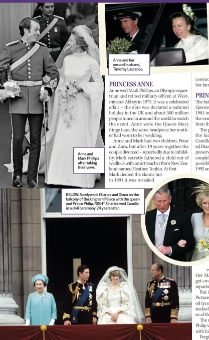  ?? ?? Anne and Mark Phillips after taking their vows.
Anne and her second husband, Timothy Laurence.
BELOW: Newlyweds Charles and Diana on the balcony of Buckingham Palace with the queen and Prince Philip. RIGHT: Charles wed Camilla in a civil ceremony 24 years later.