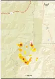  ?? COURTESY INCIDENT INFORMATIO­N SYSTEM ?? A heat map showing the origin point of ignition for the Luna Fire (flame symbol) burning 16 miles southeast of Taos and the fire’s spread across 8,000 acres.