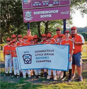  ?? Dan Nowak / Hearst Connecticu­t Media ?? Shelton Little League players celebrate after beating Southingto­n South to win the Section 2 championsh­ip on Friday.