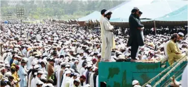  ?? Photo: AFP ?? Friday prayers led by Saudi Arabian Imam of the Grand Mosque in Mecca, Sheikh Saleh Mohammad Ibrahim, to mark the Jamiat Ulema-e-Islam Fazl (JUI-F) centenary in Azakhel in the district of Nowshera on April 7