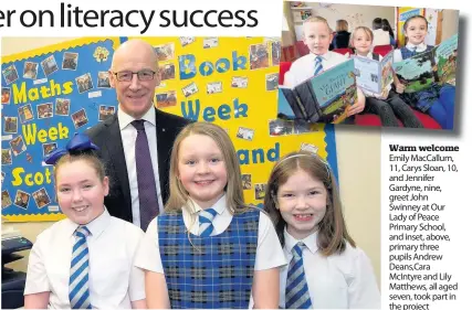  ??  ?? Warm welcome Emily MacCallum, 11, Carys Sloan, 10, and Jennifer Gardyne, nine, greet John Swinney at Our Lady of Peace Primary School, and inset, above, primary three pupils Andrew Deans,Cara McIntyre and Lily Matthews, all aged seven, took part in the project