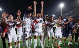  ?? ?? Kylian Mbappé (centre) and his PSG teammates dance and celebrate their stunning comeback victory at Barcelona. Photograph: Juan Medina/Reuters