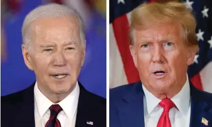  ?? Photograph: AP ?? Joe Biden speaks in Milwaukee, Wisconsin, on 13 March 2024 and Donald Trump speaks in New York, on 11 January 2024.