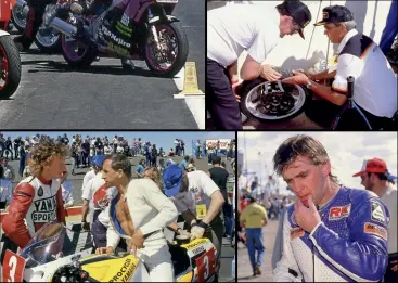  ??  ?? MAIN The Le Mans start with Mick Doohan (31) about to scorch into a short-lived lead. TOP RIGHT Owen Hughes (left) and Dennis Neill discuss Dunlop tyre issues. ABOVE LEFT Old hand Jim Budd teamed up with Simon Pinnington but Simon’s crash finished their race early. ABOVE RIGHT Paul Feeney shows the strain of a hard ride to fourth place after a long pit stop to attend to brake problems. BELOW LEFT Typically slick stop for the winning Marlboro Yamaha outfit.
Team Manager Warren Willing (right) watches as Kevin Magee takes over from Michael Dowson.