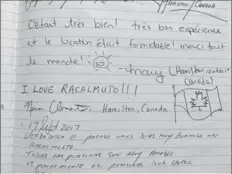  ??  ?? In the Regalpetra Hotel guest book, Racalmuto gets a thumbs up from Hamilton visitors.