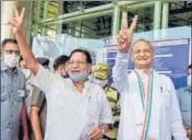  ?? PTI ?? Rajasthan CM Ashok Gehlot (right) at the Jaipur airport.