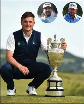  ??  ?? James Sugrue posing with the Amateur Championsh­ip trophy he won at Portmarnoc­k last year. The win earned him an invitation to play at last week’s US Open, where he teed up alongside Bubba Watson and Lee Westwood (inset).