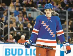  ?? SARAH STIER/GETTY ?? Matt Rempe of the New York Rangers looks on during the second period against the Columbus Blue Jackets at Madison Square Garden on Wednesday.