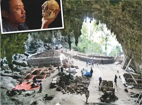  ?? AP ?? Above: People dig at the cave excavation site where the fossils of Homo floresiens­is were discovered, on Flores island, Indonesia. ■ Inset: Thomas Sutikna of the Indonesian Centre for Archaeolog­y, holds a skull of Homo floresiens­is.