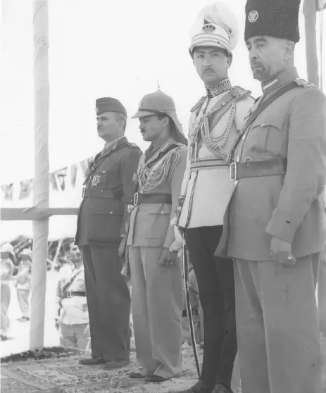  ?? Librar
y of Congress ?? From right, King Abdullah with Emir Abd al-Ilah of Hejaz, regent of Iraq, Emir Naif, Abdullah’s youngest son,
and Nuri al-Said, Iraqi ambassador-at-large, at Abdullah’s coronation in Amman on May 25, 1946.