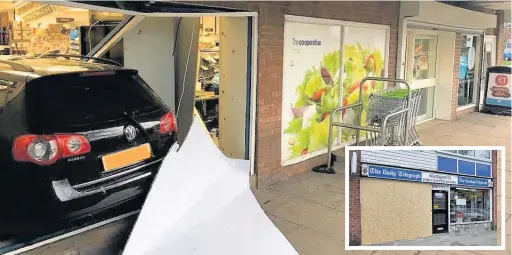  ??  ?? ●●The VW still inside the Co-op store in Bramhall (picture Matt Wood) and, inset, the boarded up window at the newsagents shop in Gatley which was also the scene of a ram raid