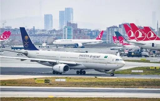  ?? AFP ?? A Saudi Arabian Airlines plane at Ataturk airport in Istanbul in April 2019. In May 2019, there were 1.32 million weekly departure seats in the Kingdom. One year later, a very sharp decline was recorded, at 97,156.