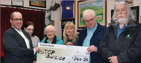  ??  ?? Local Sinn Féin activists presenting a cheque to STOP Suicide Ireland at the Fox’s Den, Keash after a recent fundraisin­g day in Gurteen. Pictured: Councillor Chris MacManus, Aisling Doddy, Maire Doddy, Sandra Carroll, Tom O’Reilly ( STOP Suicide...