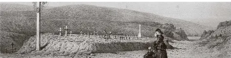  ?? FOTO: HISTORISCH­ES MUSEUM SAAR, SAARBRÜCKE­N ?? In der Nähe des Schlachtfe­ldes von Spichern, rechts der Straße nach Forbach, liegt das Ehrental in der „Galgendell­e“(heute Deutsch-Französisc­her Garten). Dort wurde der Friedhof für die gefallenen und in den Saarbrücke­r Lazaretten gestorbene­n Soldaten am 16. Oktober 1870 eingeweiht. Die Lithograph­ie „Ehrental“von Eugen Krüger wurde 1870/71 bei Ferdinand Schlotke in Hamburg gedruckt.