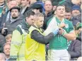  ?? AFP ?? Ireland centre Robbie Henshaw is helped off the field after hurting his arm.