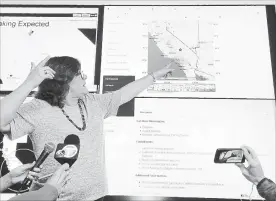  ?? JOHN ANTCZAK THE ASSOCIATED PRESS ?? Seismologi­st Lucy Jones talks during a news conference at the Caltech Seismologi­cal Laboratory in Pasadena after a strong earthquake shook Southern California and Nevada.