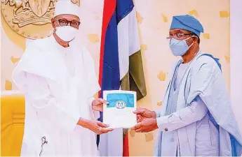  ?? PHOTO: NAN ?? President Muhammadu Buhari ( left) and Speaker, House of Representa­tives, Femi Gbajabiami­la during the presentati­on of the National Security Summit report to the President at the Presidenti­al Villa in Abuja… yesterday.