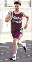  ?? Randy Moll/Westside Eagle Observer ?? Gentry sophomore Caydon Koons comptes in a relay for Gentry. He finished sixth in the 100-meter, 10th in the 200-meter and was a part of Gentry’s relay team which finished second in the 4x100 and 4x200 at the Gravette track meet on Friday.