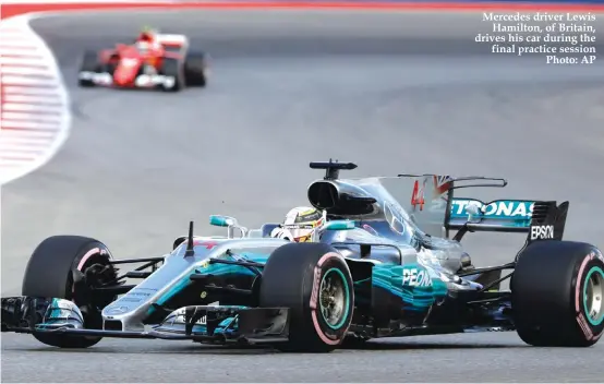  ??  ?? Mercedes driver Lewis Hamilton, of Britain, drives his car during the final practice session Photo: AP