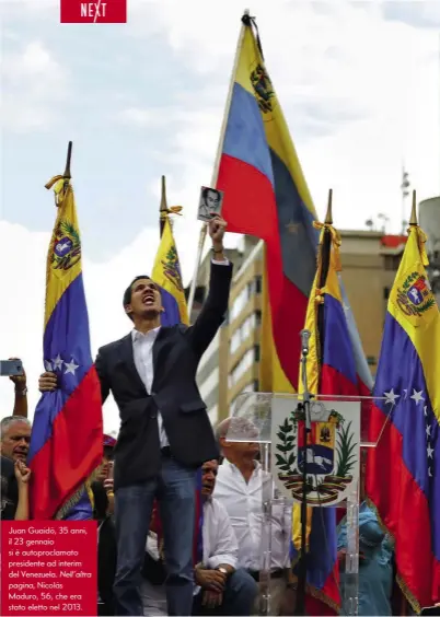  ??  ?? Juan Guaidó, 35 anni, il 23 gennaio si è autoprocla­mato presidente ad interim del Venezuela. Nell’altrapagin­a, Nicolás Maduro, 56, che era stato eletto nel 2013.