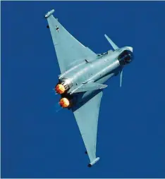  ?? Foto: Wolfgang Kumm/dpa ?? Ein Eurofighte­r der Bundesluft­waffe zeigt auf der Internatio­nalen Luft‰ und Raum‰ fahrtausst­ellung ILA seine Flugeigens­chaften.