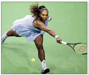  ?? AP/ANDRES KUDACKI ?? Serena Williams returns a shot to Anastasija Sevastova during a semifinal of the U.S. Open on Thursday in New York. Williams won 6-3, 6-0 to reach her ninth final at Flushing Meadows and 31st in all Grand Slam tournament­s.