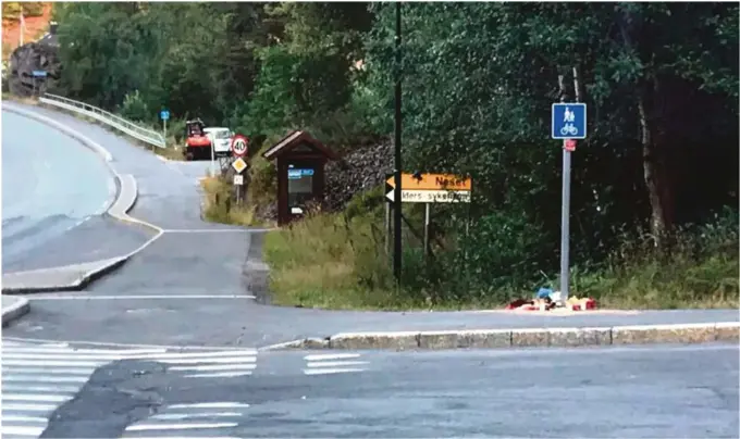  ?? FOTO: IRENE HEGGE GUTTORMSEN ?? ULYKKESSTE­DET: Ulykken skjedde i krysset Frolandsve­ien/Nidelvveie­n i Langedal, mellom Blakstad bru og Osedalen. Mange hadde lagt ned blomster på ulykkesste­det lørdag kveld.