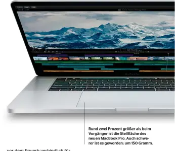  ??  ?? Rund zwei Prozent größer als beim Vorgänger ist die Stellfläch­e des neuen Macbook Pro. Auch schwerer ist es geworden: um 150 Gramm.