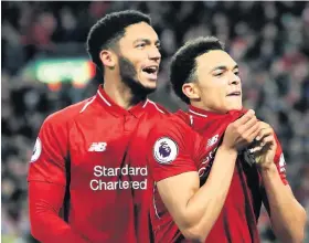  ?? Picture: Peter Byrne/PA ?? Joe Gomez, left, celebrates Liverpool’s victory against Everton at Anfield nine days ago