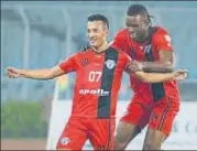  ?? AIFF ?? Chencho Gyeltshen (left) celebrates his goal with teammate.