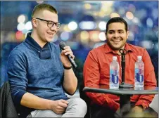  ??  ?? UA graduate David Matheny (left) talks about how he and partner Carlos DeJesus, who is studying nursing and psychology at Stark State College, met. The couple were part of the panel.