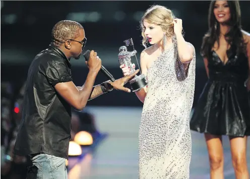  ?? CHRISTOPHE­R POLK/GETTY IMAGES ?? When Kanye West, left, interrupte­d Taylor Swift's acceptance speech at the 2013 MTV Music Video Awards, it triggered an on-again, off-again feud between the two — one that author Steven Hyden says can reflect society’s stances on sexism and racism.