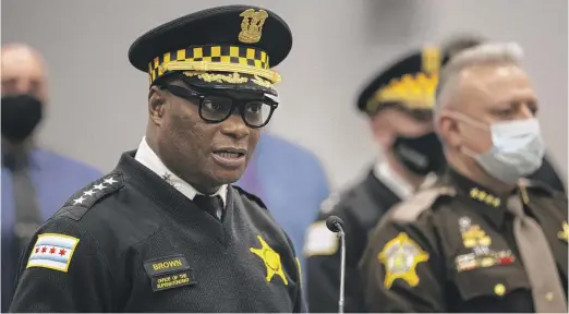  ?? ANTHONY VAZQUEZ/SUN-TIMES ?? Chicago Police Supt. David Brown speaks Wednesday at CPD headquarte­rs about the increase in support in a regional carjacking task force. “Our joint missions are doing what they’re supposed to do,” Brown said.