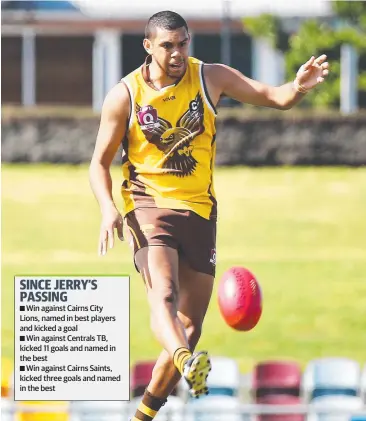  ?? Picture: BRENDAN RADKE ?? ON FIRE: Hawks' Ezekiel Frank kicks down the field in the AFL Cairns match between the Manunda Hawks and the Centrals Trinity Beach Bulldogs, at Cazalys Stadium.