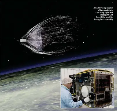  ??  ?? An artist’s impression of RemoveDebr­is capturing a piece of space junk and (inset) the satellite during final assembly
