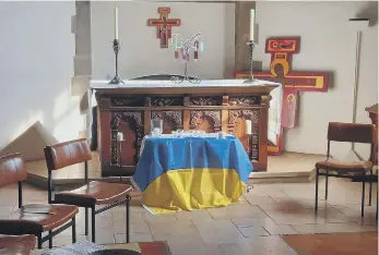  ?? ?? This flag in Sunderland Minster shows the city’s solidarity with Ukraine.