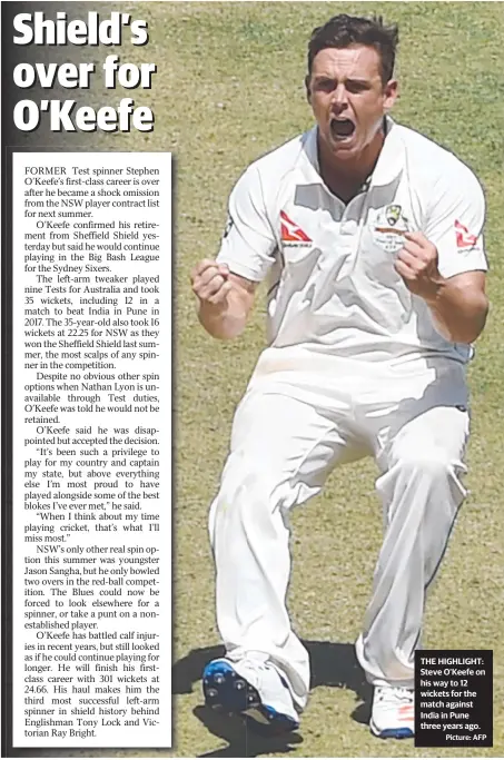  ?? Picture: AFP ?? THE HIGHLIGHT: Steve O’Keefe on his way to 12 wickets for the match against India in Pune three years ago.