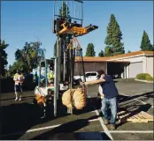  ?? PHOTO BY KAREN RIFKIN ?? Weigh master Jake Burgess walks beside the forklift driven by building maintenanc­e lead worker José Ruiz while building maintenanc­e specialist Danny Mcvay guides Leland Horneman’s 241-pounder to the scales.