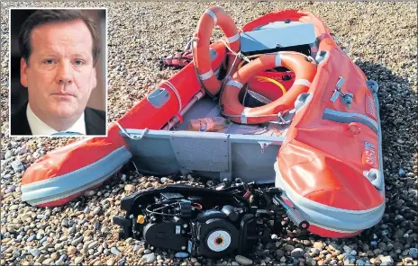  ?? Picture: FERRARIS ?? The inflatable dinghy washed up on the beach near historic Walmer Castle in Kent, inset, angry Dover MP Charlie Elphicke